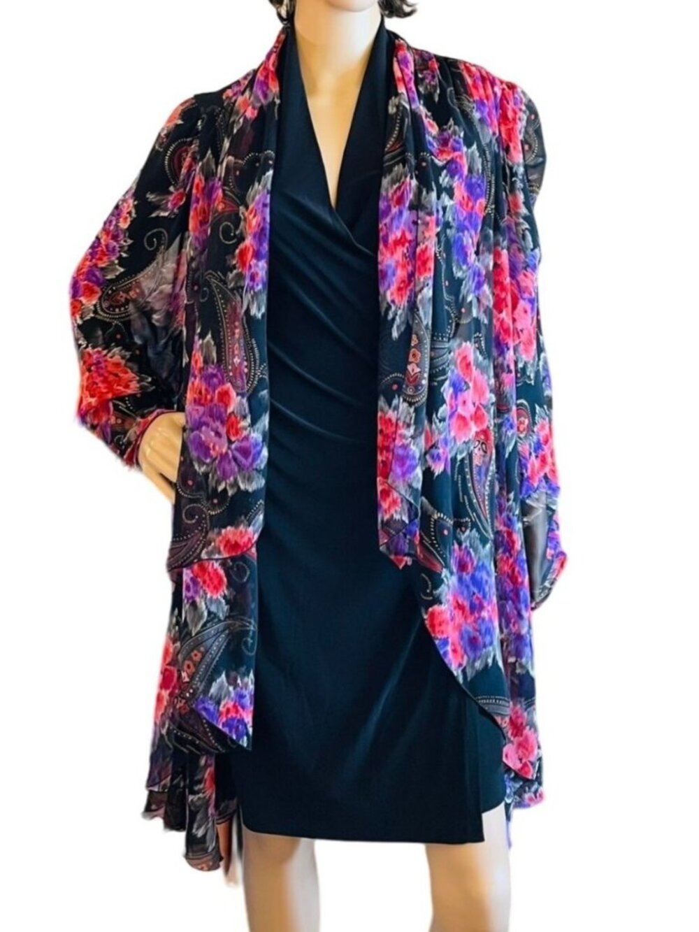 Floral Sheer Long-Sleeve Kimono Open Cardigan Size L Womens by Siasia New York